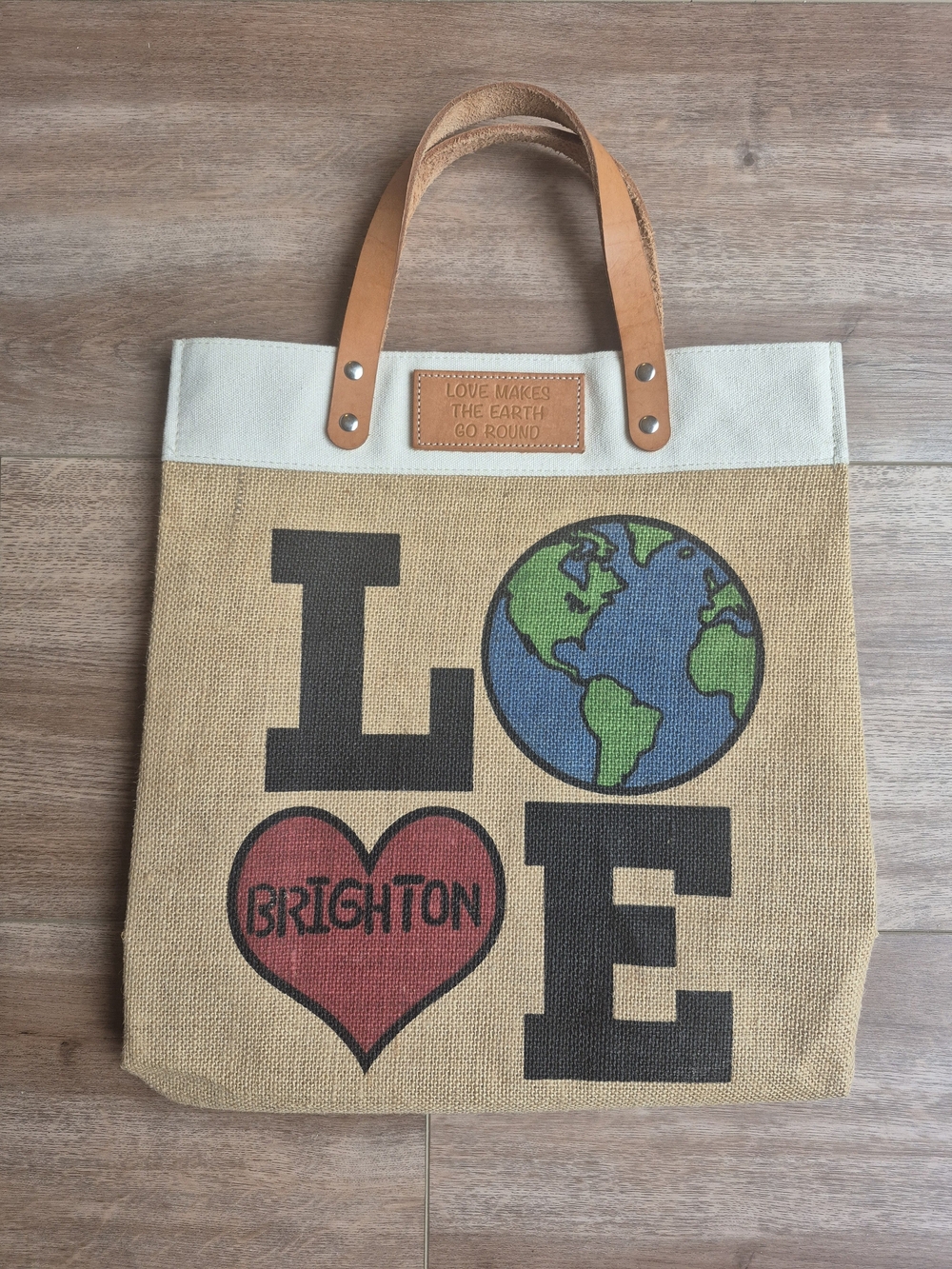 Brighton Jute Canvas Tote Bag w/Leather Handles "Love Makes The Earth Go Round"